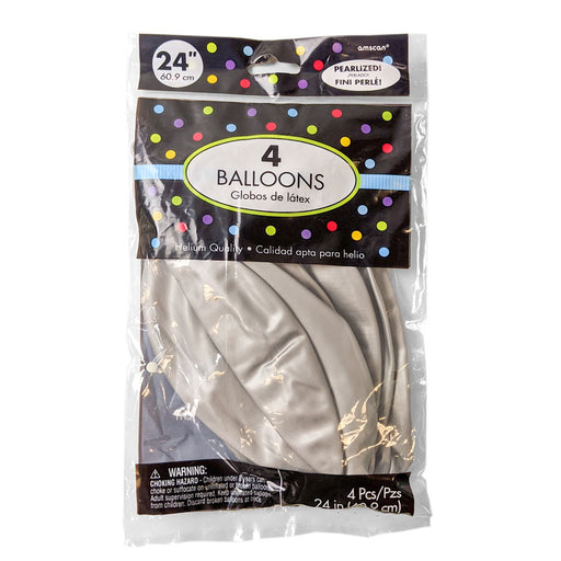 A pack of 4, 24 inch silver latex balloons.