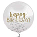 1 24 inch clear latex ballon with confetti. The balloon features "Happy Birthday" in gold print.