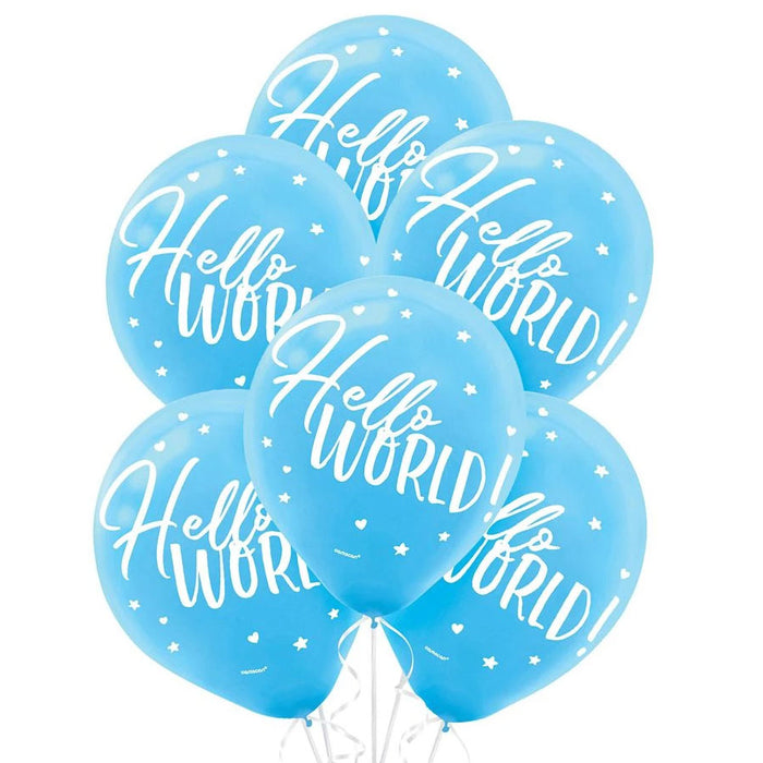 Blue Hello World Flat Printed Latex Balloons, 12'' | 15 ct