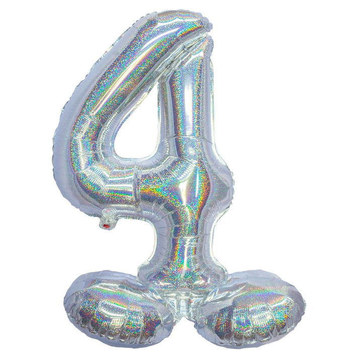 Balloon Mylar Standing Number "4" Holographic Silver, 26" | 1 ct