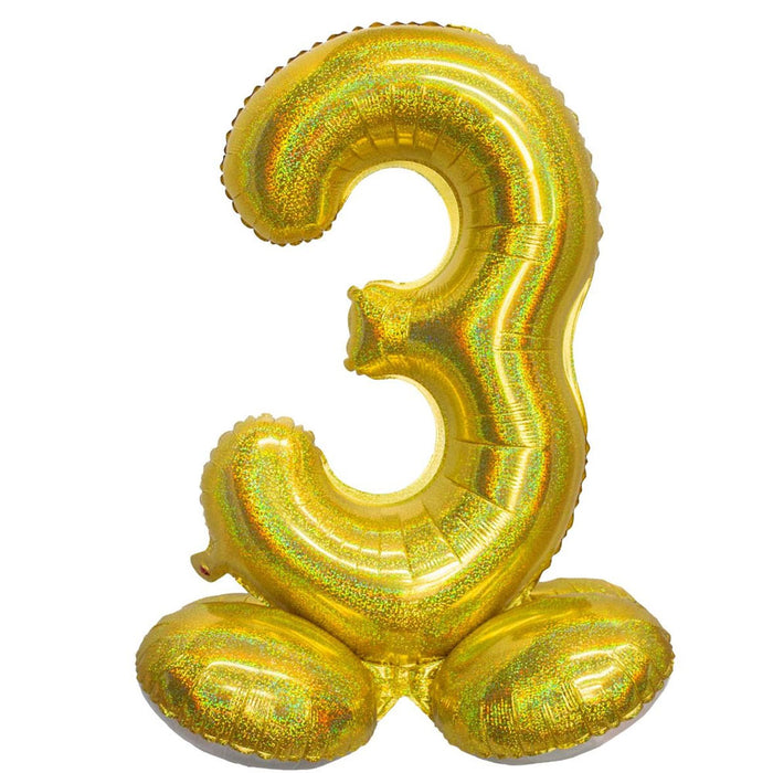 Mylar Standing Number "3" Balloon Holographic Gold, 26" | 1 ct