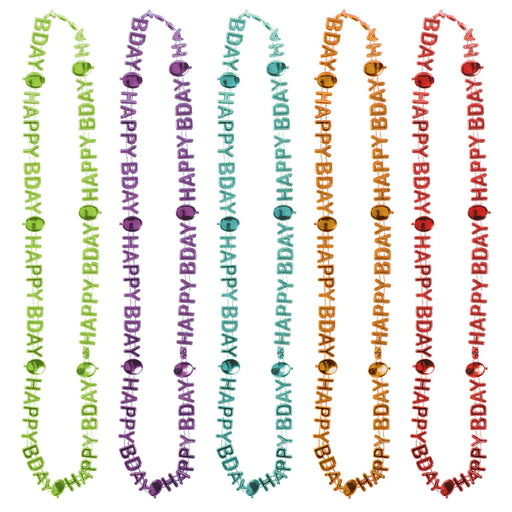 A variety of 5 different colored Birthday Celebration Necklaces.