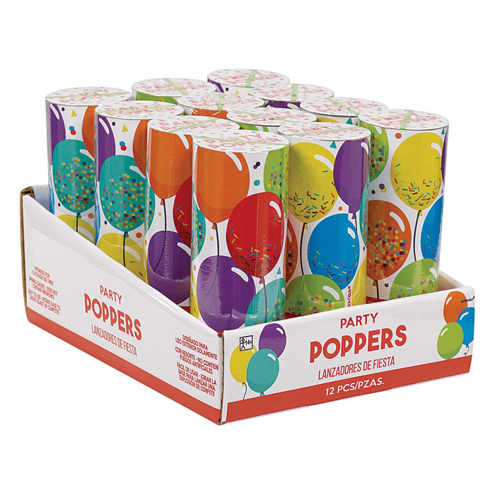 A 12 count package of Birthday Celebration Confetti Poppers.