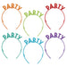 Birthday Celebration Glitter Plastic Headbands showing six headbands in 6 different colors.