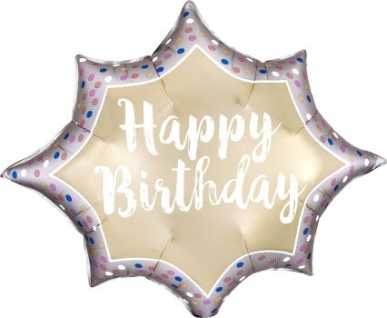 Happy Birthday Satin Gold Burst Supershape Balloon 35" | 1ct