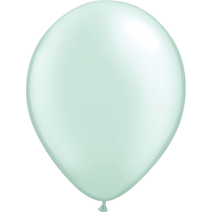 An inflated 11-inch Qualatex Pearl Mint Green Latex Balloon.