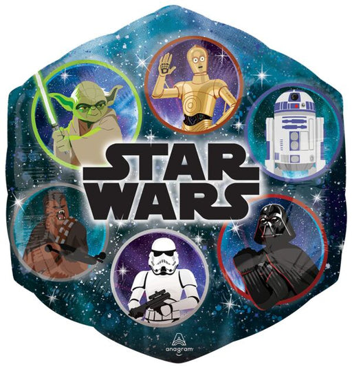 23" SuperShape Officially Licensed Star Wars Galaxy Group Mylar Balloon. The balloon features classic Star Wars Characters of C3-PO, R1-D2, Darth Vader, A Storm Trooper, Chewbacca, and Yoda.