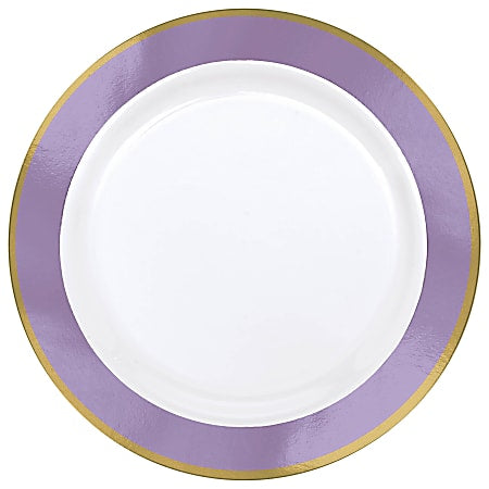 Round Premium Plastic Dinner & Dessert Plates with Bright Lavender & Gold Border | 20 pc