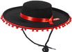 A photo of the Bullfighter Hat.  Showing the red ribbon and pom poms.