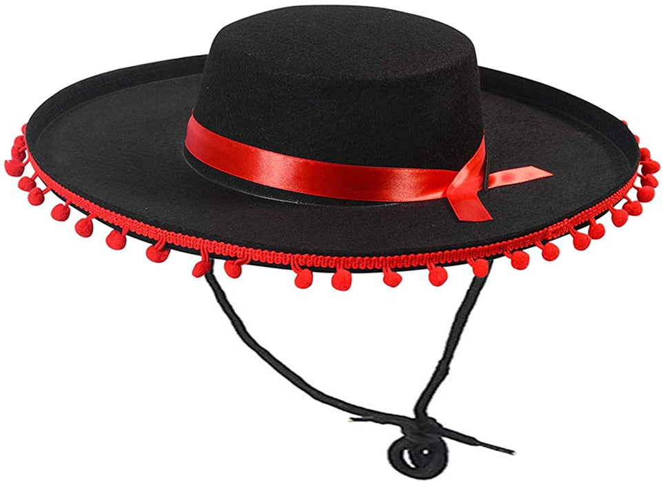 A photo of the Bullfighter Hat.  Showing the red ribbon and pom poms.