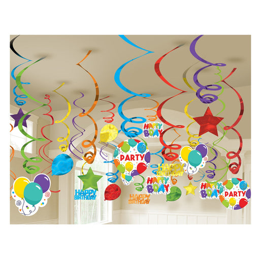 An image of a 24 count Birthday Celebration Mega Value Pack hanging Swirls hanging from a ceiling.