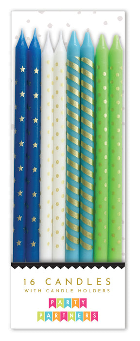 Blue & Green Metallic Patterned Candle Set | 16ct