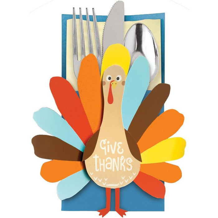 Thanksgiving Turkey Cardstock Cutlery Holders, 3.75in x 7.5in | 12ct