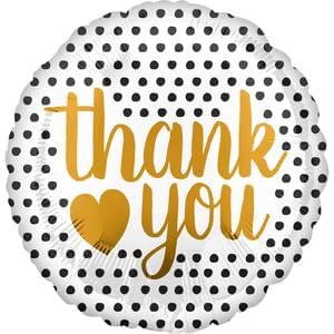 18-inch round Thank You mylar balloon with a black polk-a-dot bacground and Thank you with a heart in gold lettering.