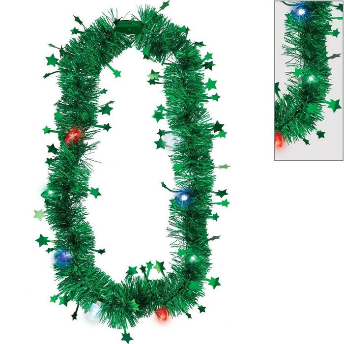 Christmas Light-Up Metallic Green LED Tinsel & Plastic Necklace, 20in | 1 ct