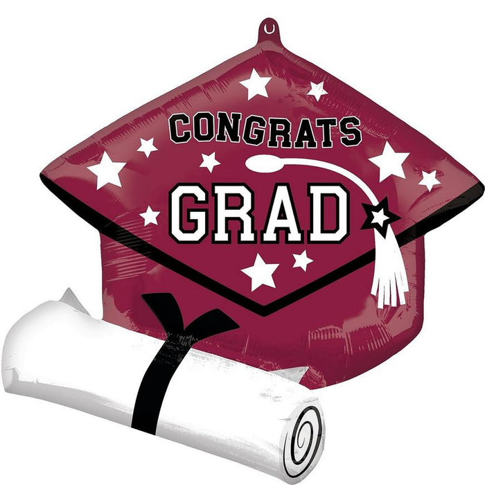Graduation Grad Cap & Diploma Foil Balloon Berry 25" | 1ct