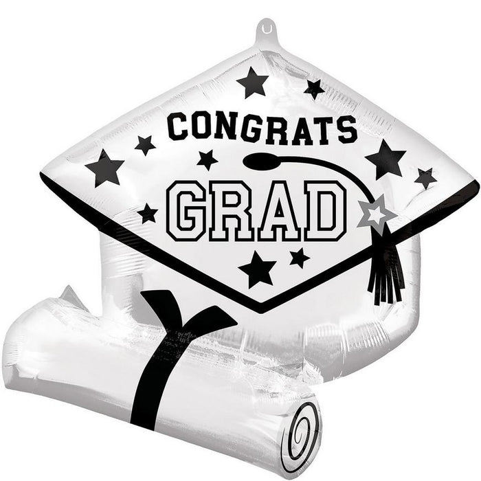 Graduation Grad Cap & Diploma Foil Balloon White 25" | 1ct