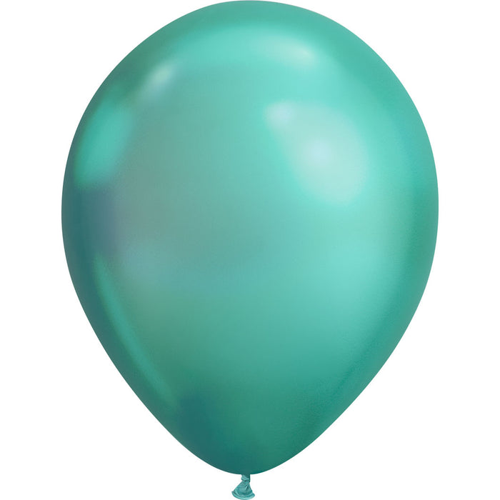 An inflated 11-Inch Chrome Green, Qualatex 11" Latex Balloon.