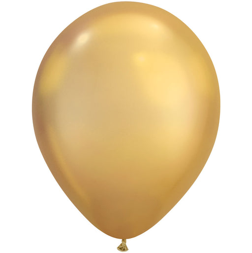 An inflated 11-inch Chrome Gold, Qualatex 11" Latex Balloon.