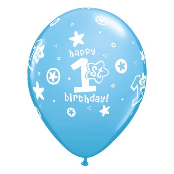 Blue Happy 1st Birthday Flat Printed Latex Balloons 11" | 6ct