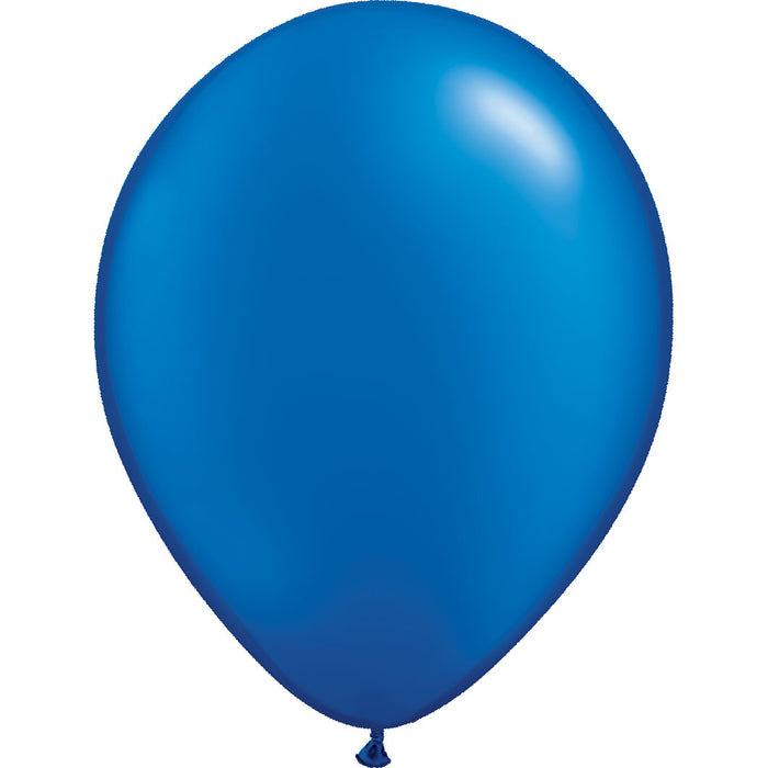 An inflated 11-Inch Qualatex Pearl Sapphire Blue Latex Balloon.
