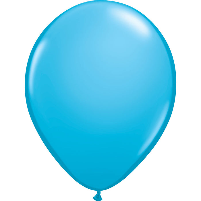 An inflated 11-inch Qualatex Robin's Egg Blue Latex Balloon.