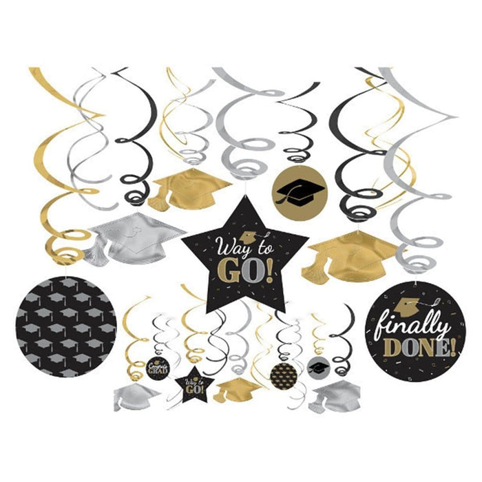 Graduation Black/Gold/Silver Swirl Decorations | 30pcs