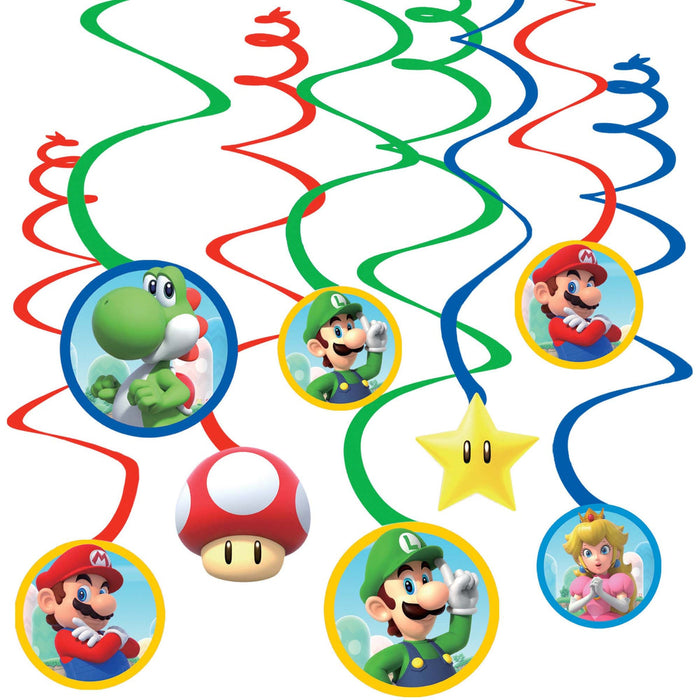 Super Mario Bros Spiral Hanging Decoration Kit with Cutouts | 12 ct