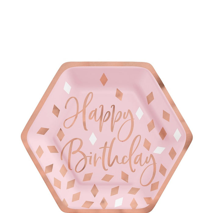Metallic Blush Hexagon Happy Birthday Dessert Plates 7in | 8ct