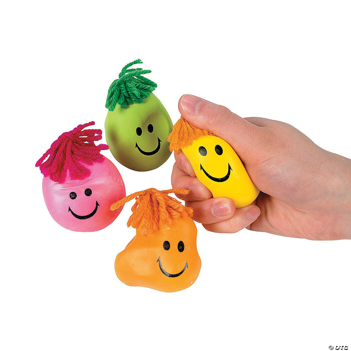 Neon Smile Face Stress Toys with Hair 2" | 24ct