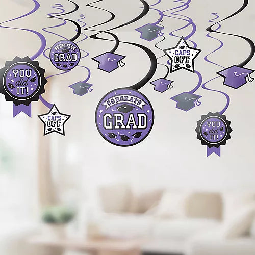 Graduation Purple Swirl Decorations | 12 pcs