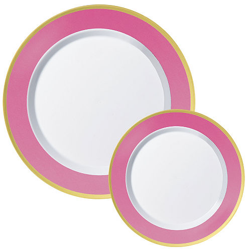 Round Premium Plastic Dinner & Dessert Plates with Bright Pink & Gold Border | 20 pcs