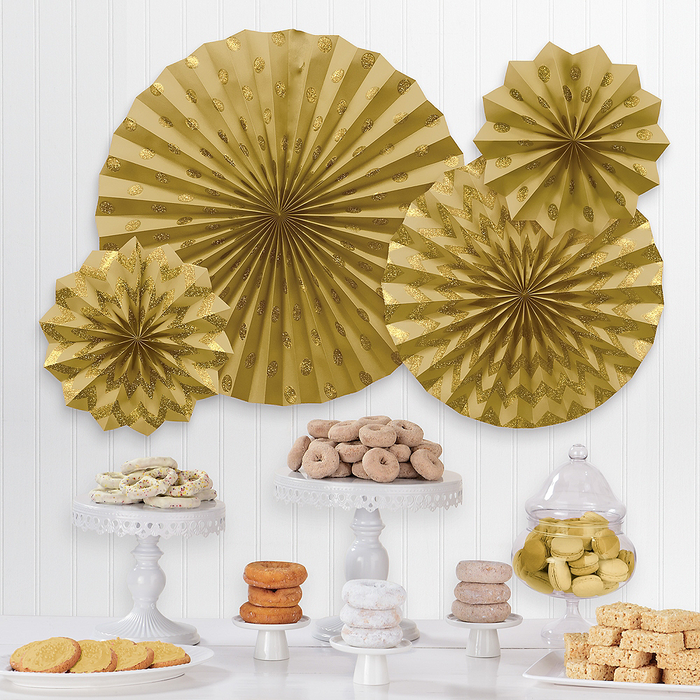 Gold Paper Glitter Fan Decorations | 4pcs