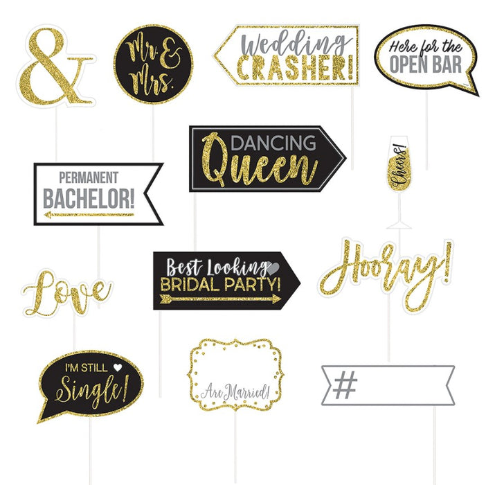 Glitter Gold Wedding Photo Booth Props | 13ct