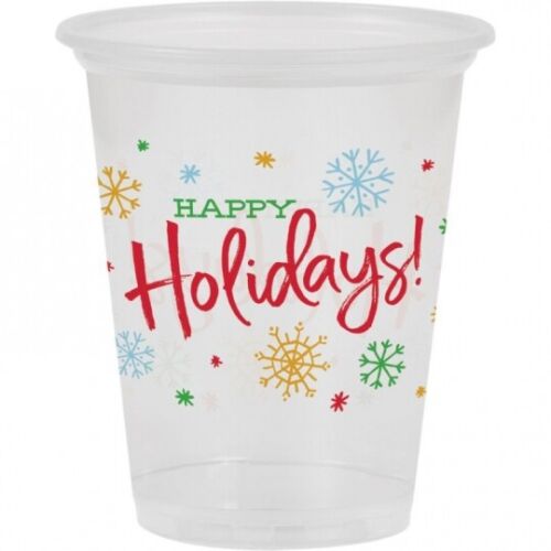Christmas Happy Holidays Clear Plastic Cups 16oz | 8ct