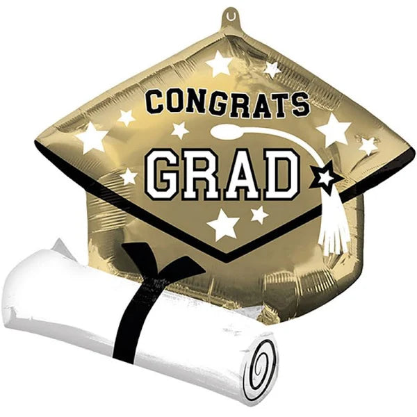 Graduation Grad Cap & Diploma Foil Balloon White Gold 25" | 1ct