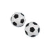 Two bouncy balls that are made to look like mini classic black and white soccer balls.