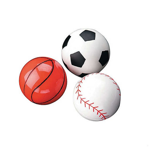Three 1 3/8" sports bouncy balls.  Designed as a soccer, basketball, and Baseballs.