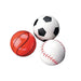 Three 1 3/8" sports bouncy balls.  Designed as a soccer, basketball, and Baseballs.