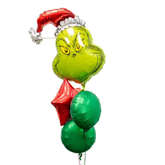 Christmas Grinch Balloon Bouquet with one SuperShape Grinch Balloon two 18 inch green round mylar balloons and one red 18-inch star balloon.